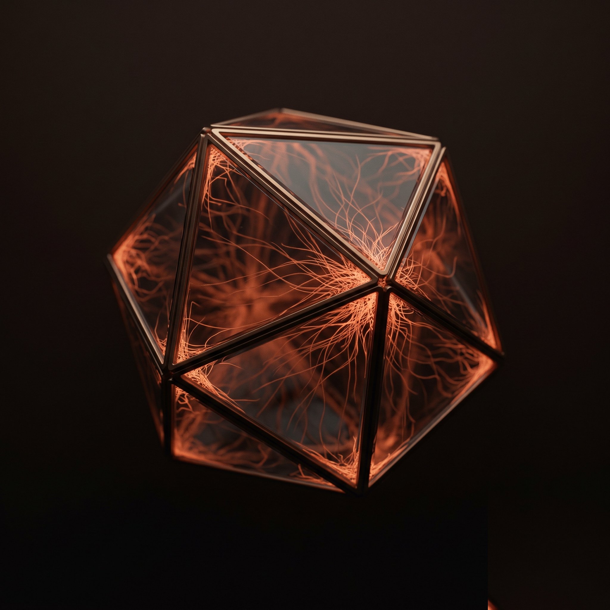 Branching threads of warm light contained within a dark faceted vessel