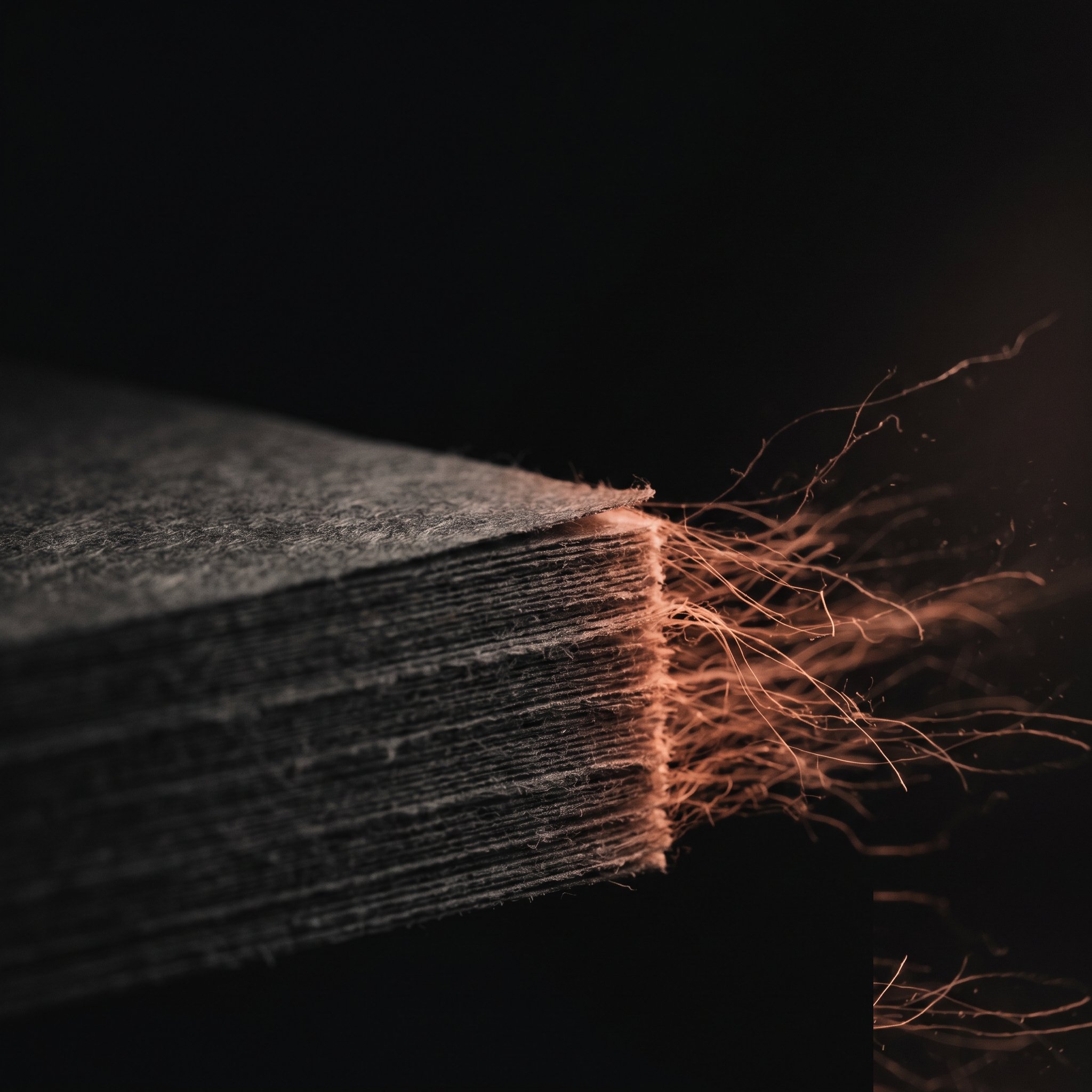 Macro of stacked paper edges dissolving into fine threads of warm light
