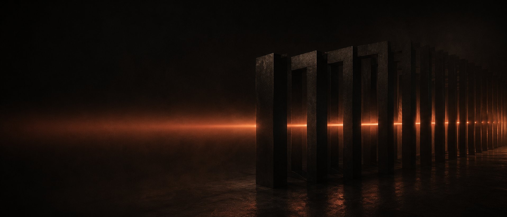 A single beam of warm light passing through a row of dark settlement gates