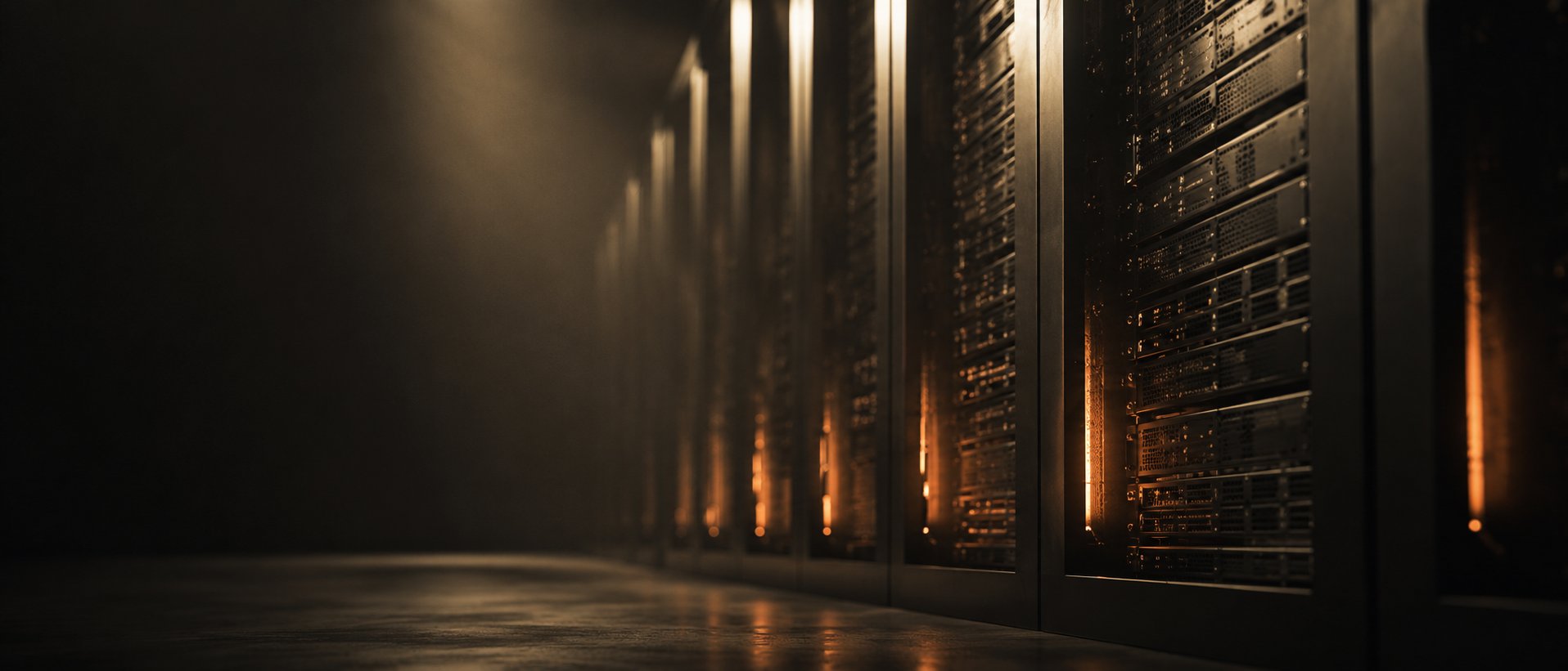 Wide low-angle view down a row of dark GPU servers lit by a single warm light