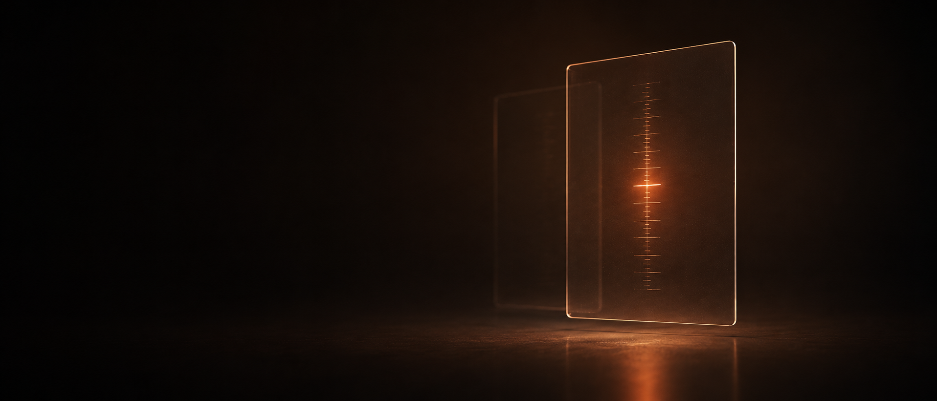 A frameless glass wallet panel glowing with a balance scale, floating in a warm dark studio